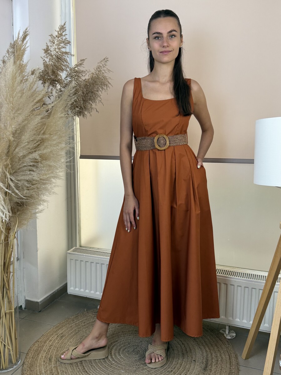Pamutvászon pántos maxi ruha - rozsda - Kép 16