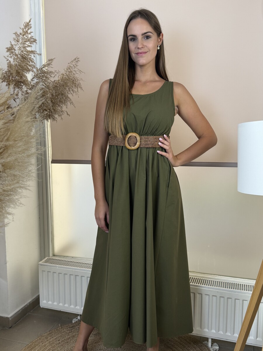 Pamutvászon pántos maxi ruha - khaki - Kép 5