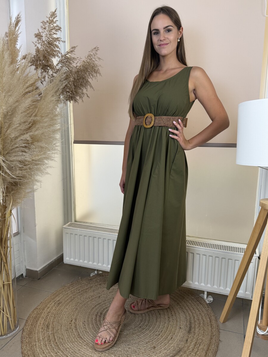 Pamutvászon pántos maxi ruha - khaki - Kép 2