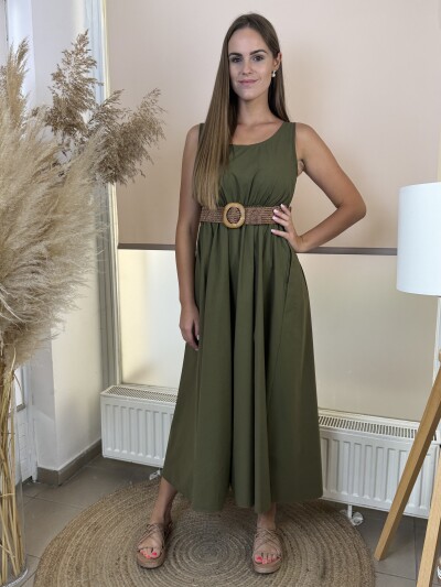 Pamutvászon pántos maxi ruha - khaki - Kép 6