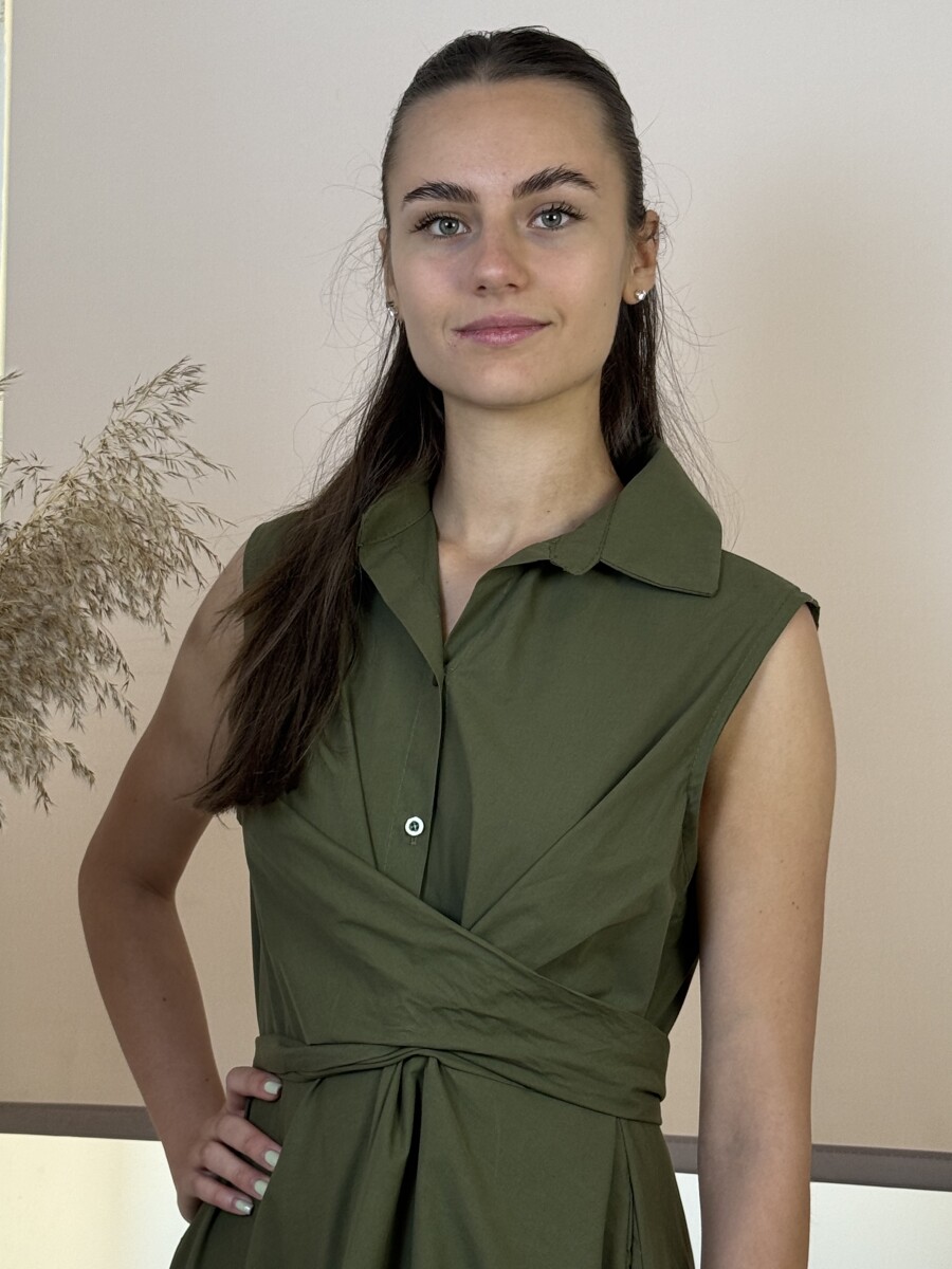 Pamutvászon kötős maxi ruha - khaki - Kép 12