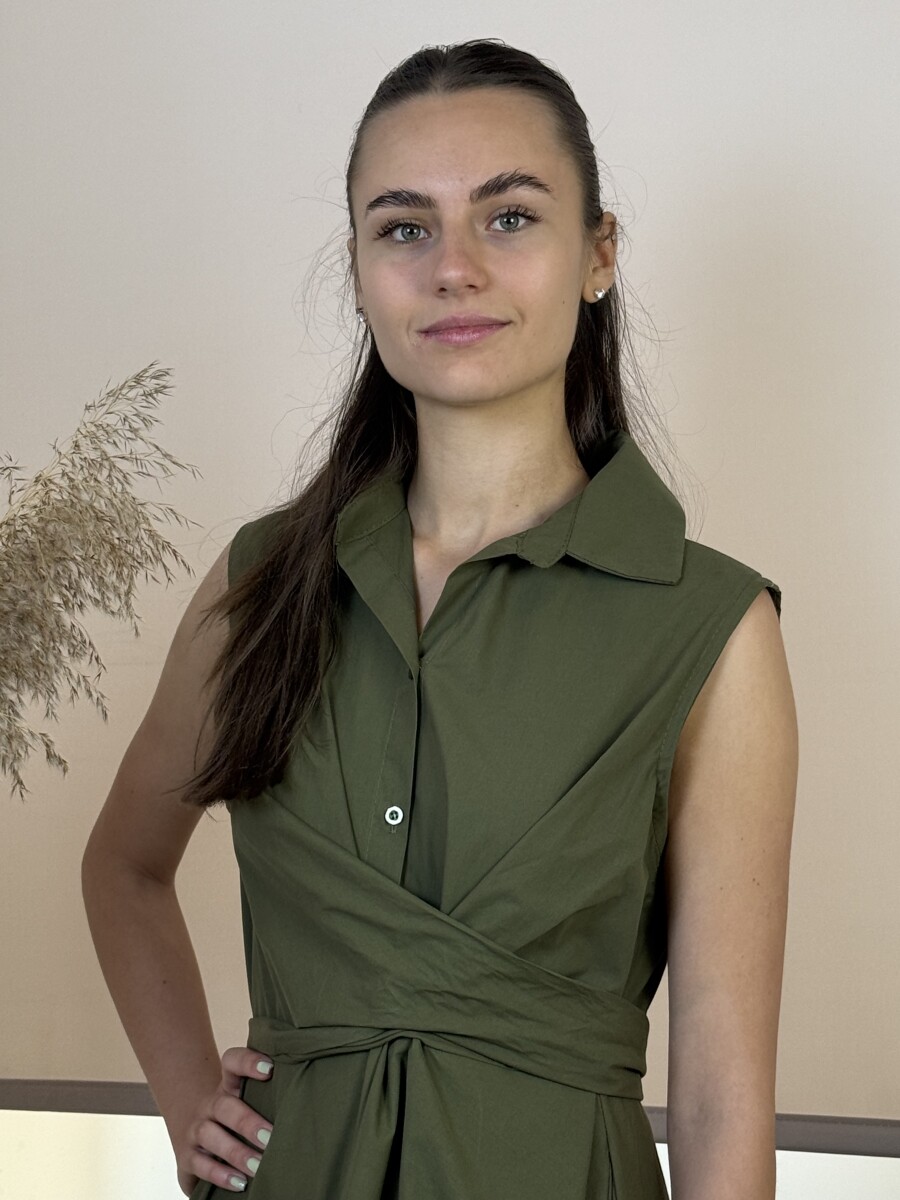 Pamutvászon kötős maxi ruha - khaki - Kép 6