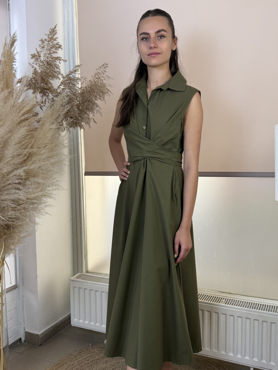 Pamutvászon kötős maxi ruha - khaki - Kép 15