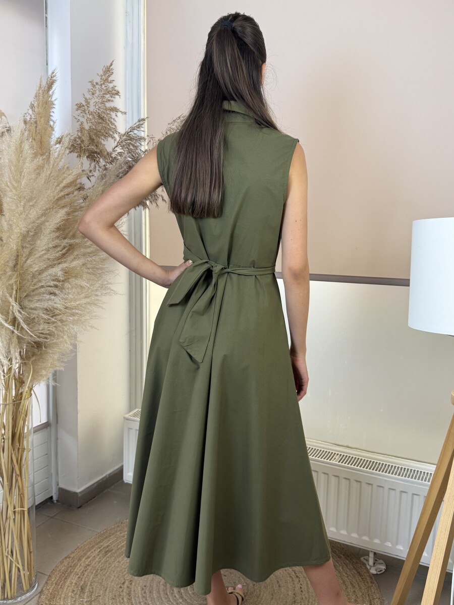 Pamutvászon kötős maxi ruha - khaki - Kép 8