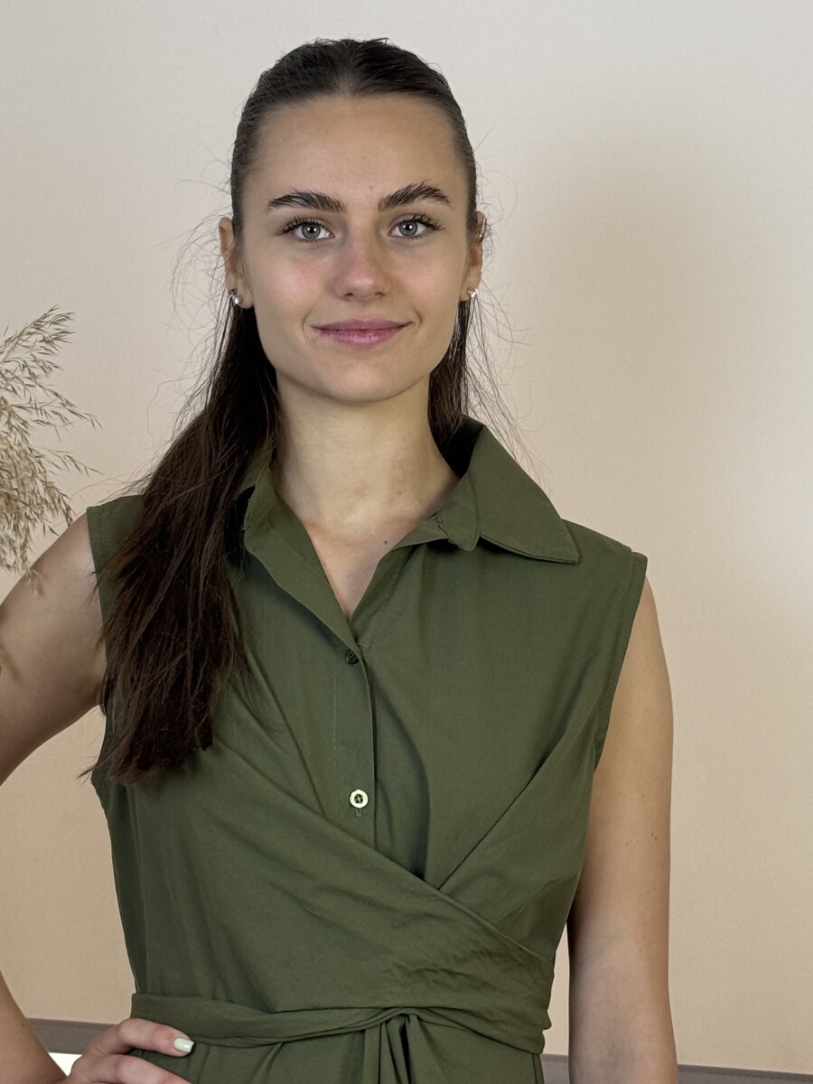 Pamutvászon kötős maxi ruha - khaki - Kép 5
