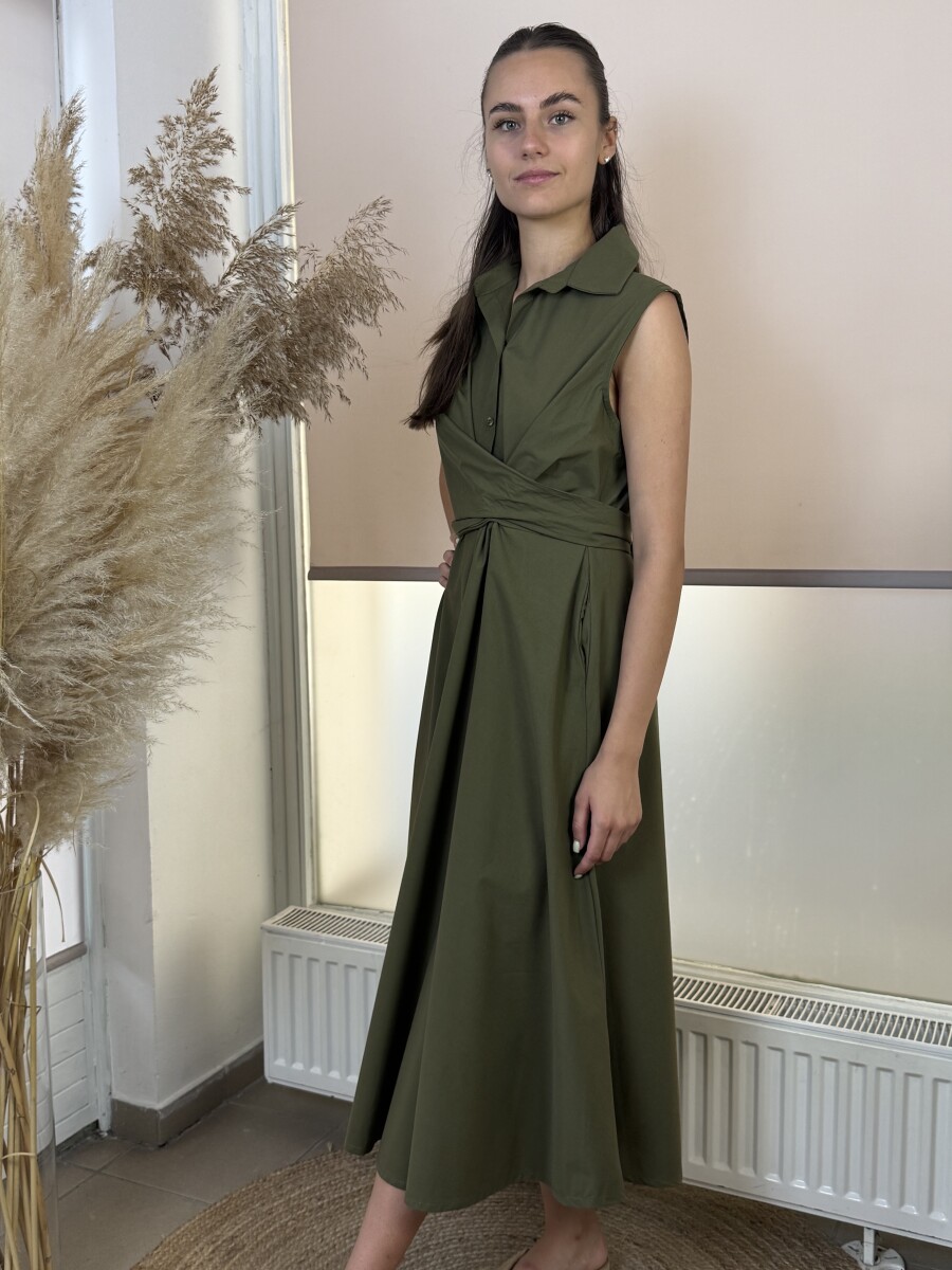 Pamutvászon kötős maxi ruha - khaki - Kép 11