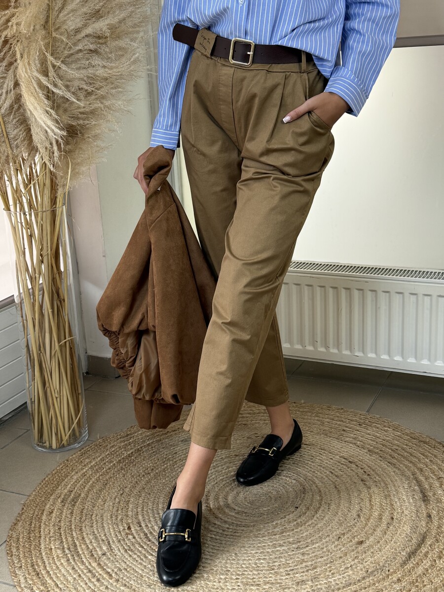 Pamutvászon mom nadrág - camel - Kép 4