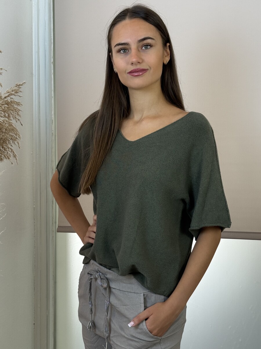 Rövid ujjú lezser pulóver - khaki - Kép 10