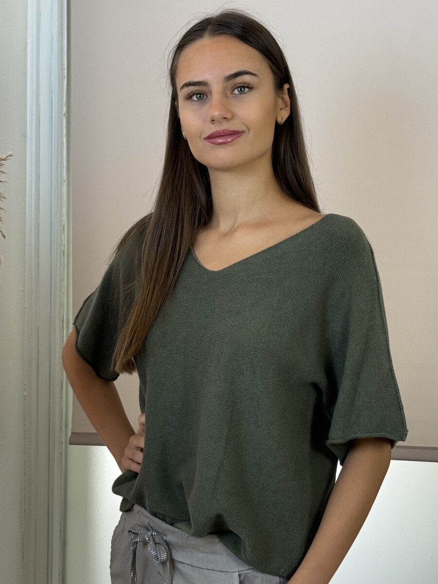 Rövid ujjú lezser pulóver - khaki - Kép 14