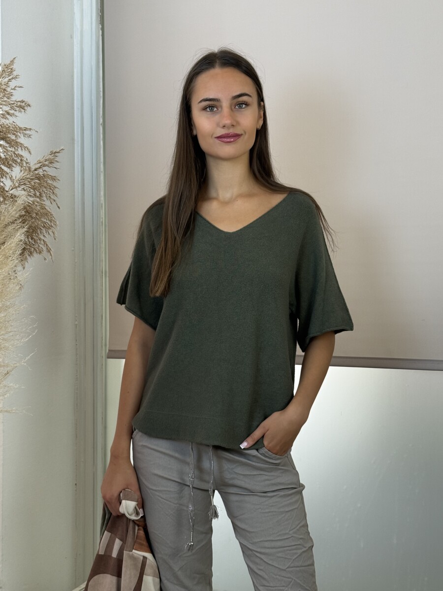 Rövid ujjú lezser pulóver - khaki - Kép 9