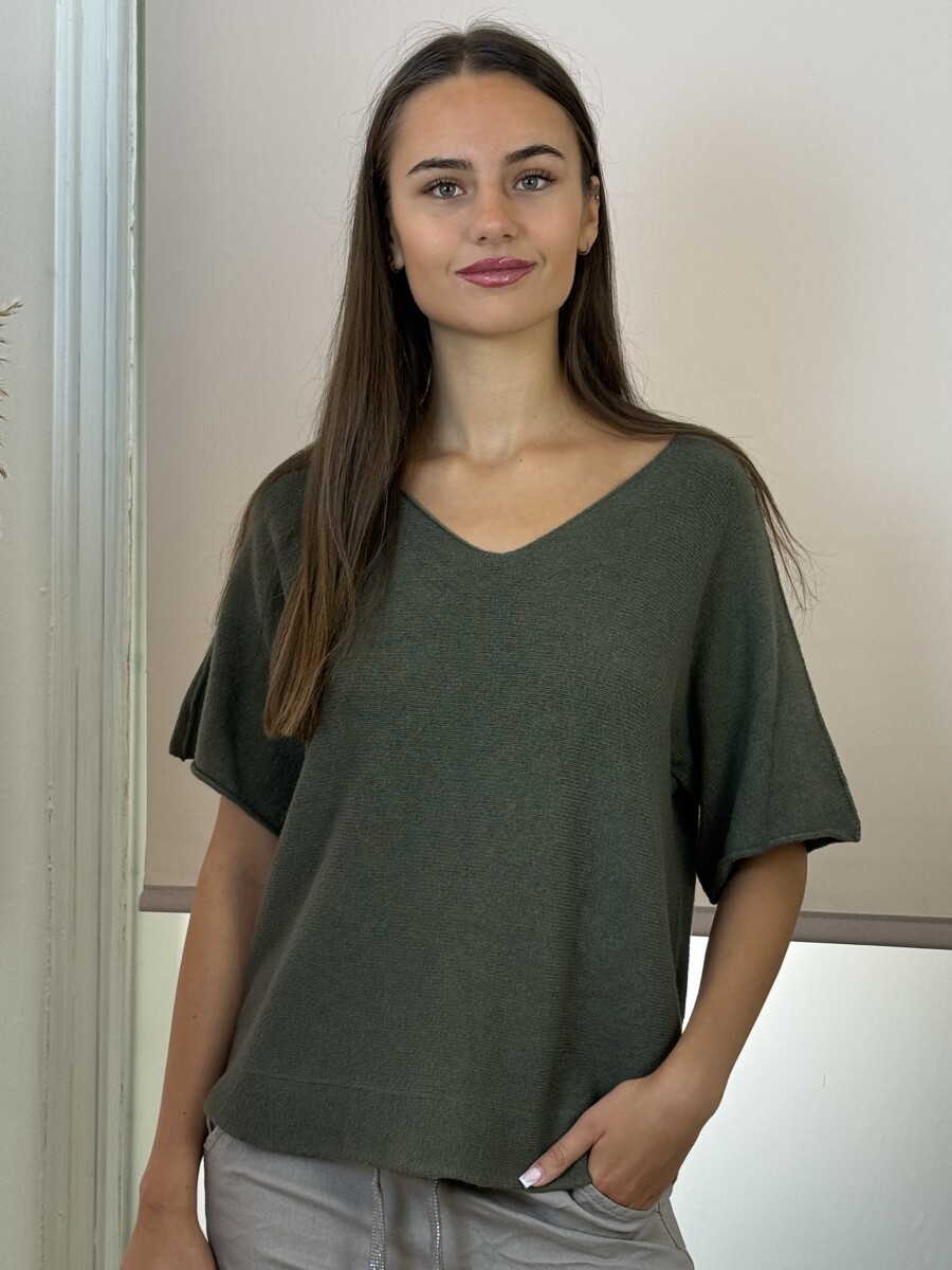 Rövid ujjú lezser pulóver - khaki - Kép 13