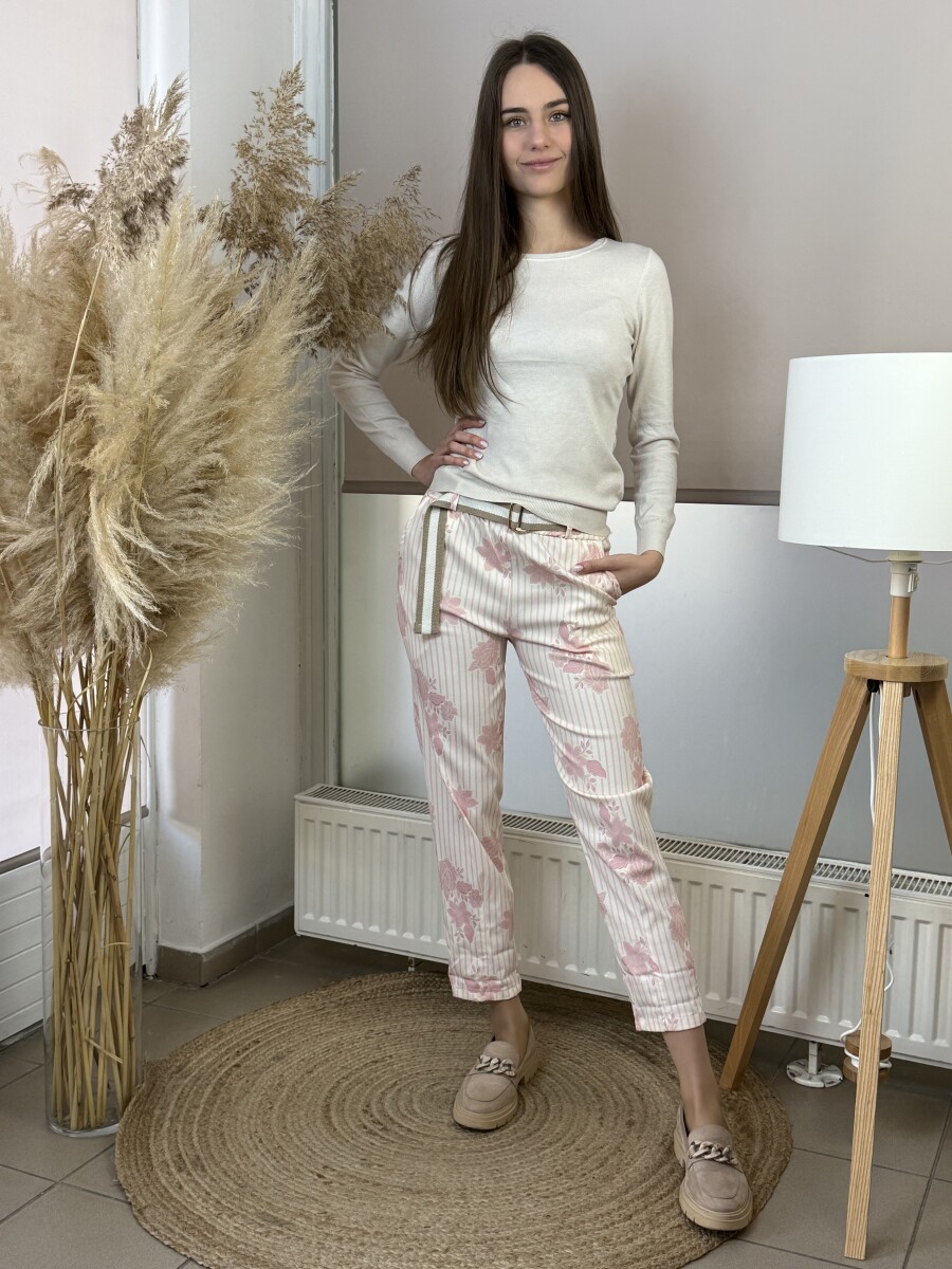 Öves virágos nadrág - bézs-rózsaszín - Kép 7