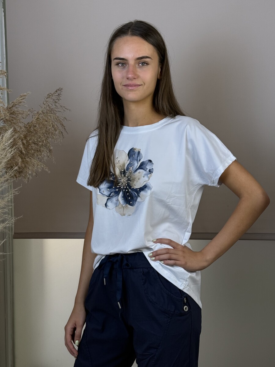 T ujjas virág mintás póló - fehér-sötétkék - Kép 9