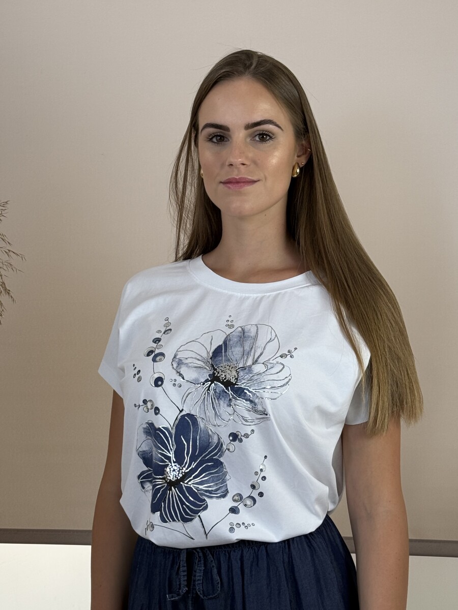 T ujjas virág mintás póló - fehér-sötétkék - Kép 12