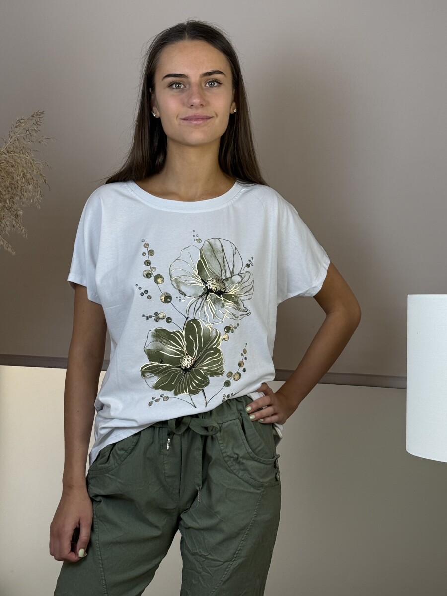 T ujjas virág mintás póló - fehér-khaki - Kép 5