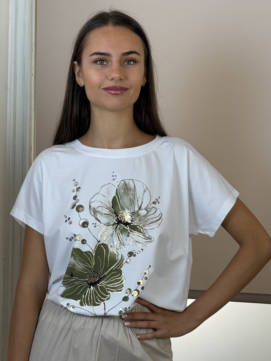 T ujjas virág mintás póló - fehér-khaki - Kép 5