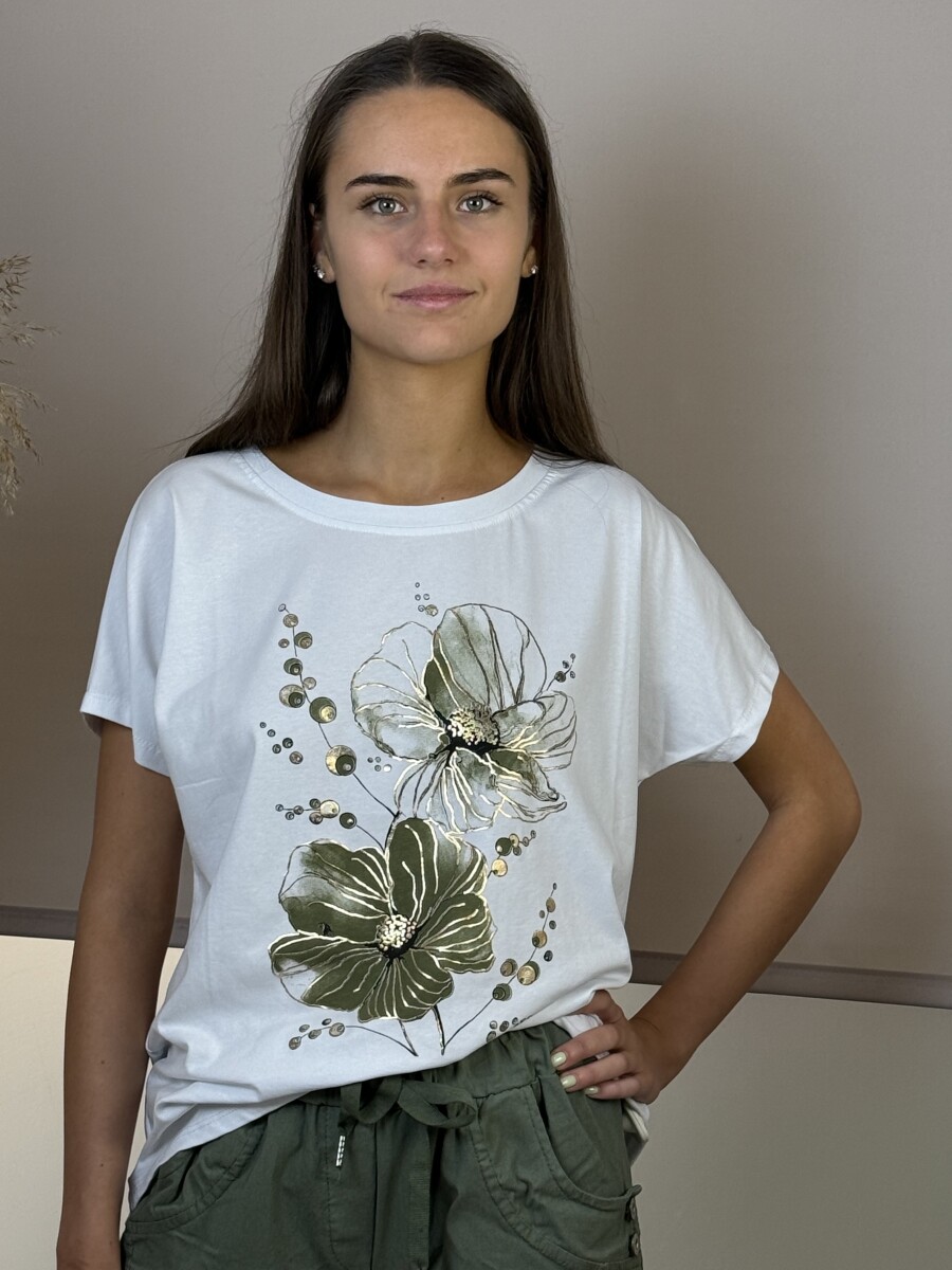 T ujjas virág mintás póló - fehér-khaki - Kép 8