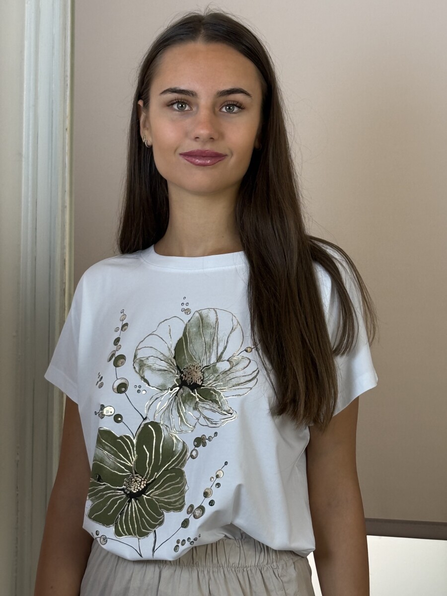 T ujjas virág mintás póló - fehér-khaki - Kép 7