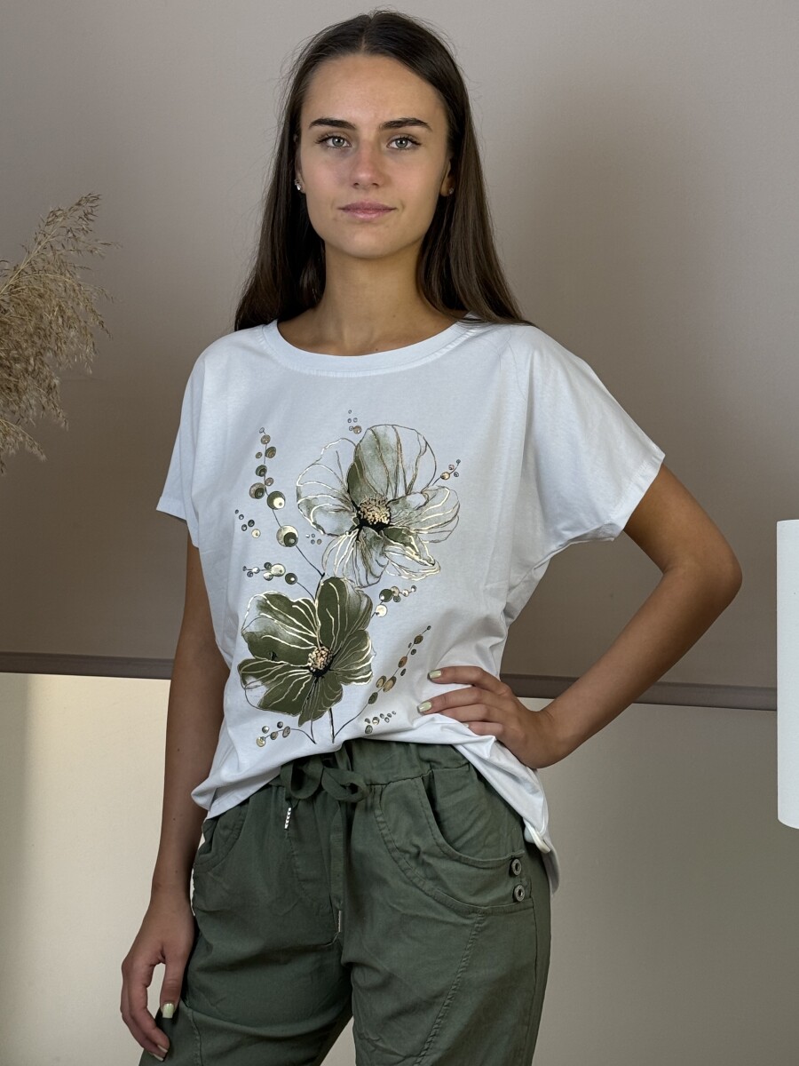 T ujjas virág mintás póló - fehér-khaki - Kép 14