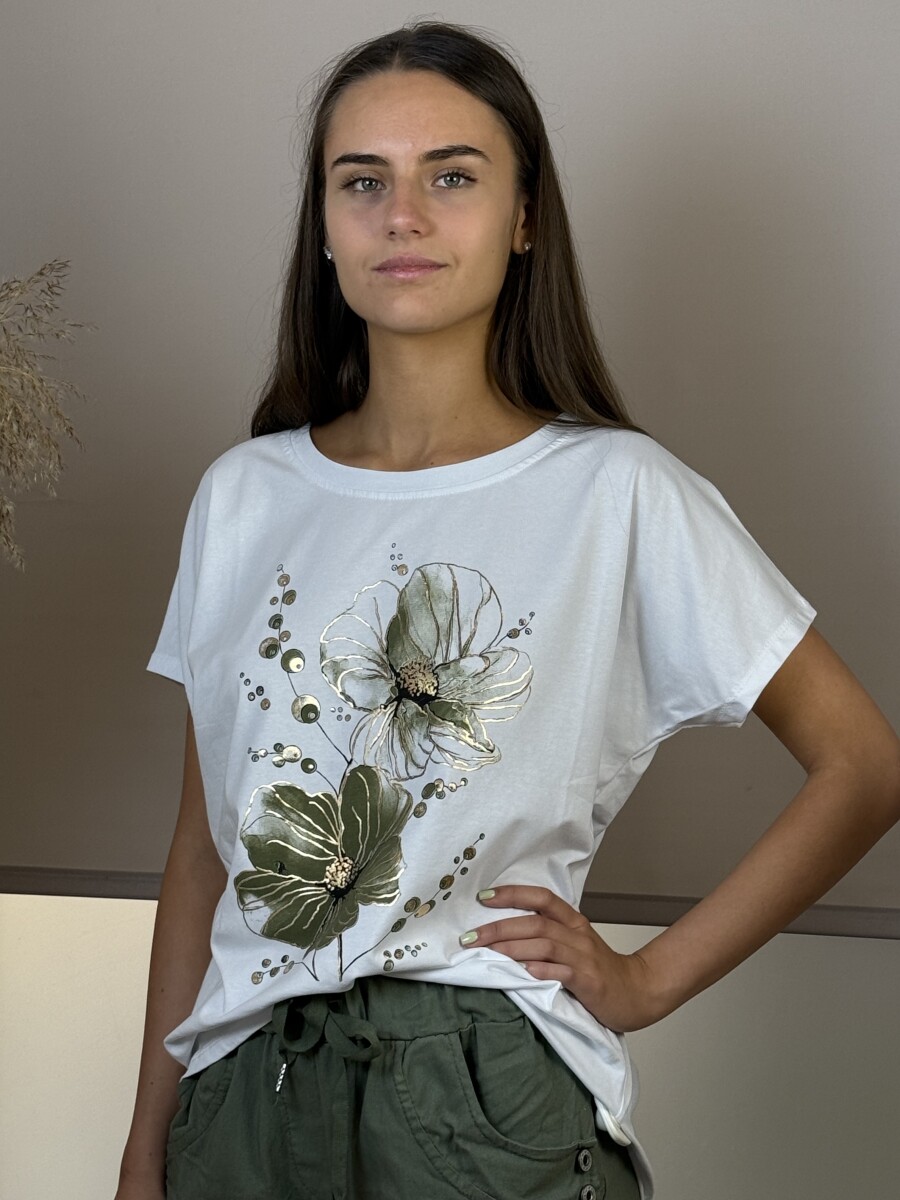 T ujjas virág mintás póló - fehér-khaki - Kép 2