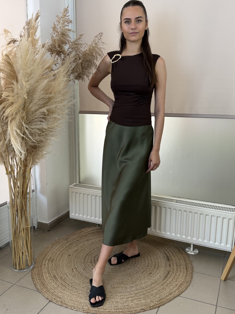 Szatén hatású midi szoknya - khaki - Kép 2