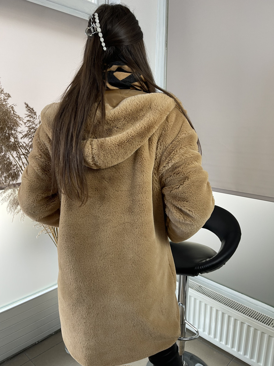 Kapucnis szőrmekabát - camel - Kép 6