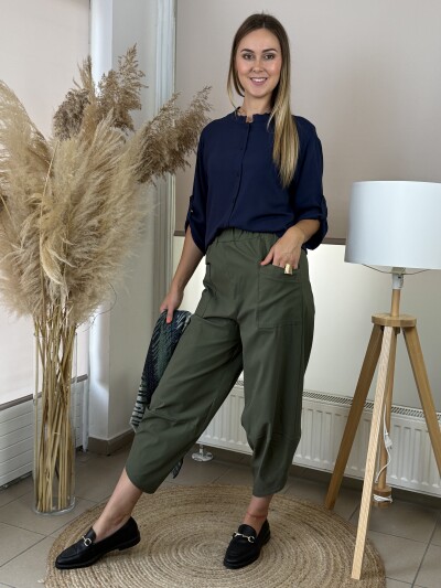 Zsebes bőszárú nadrág - khaki