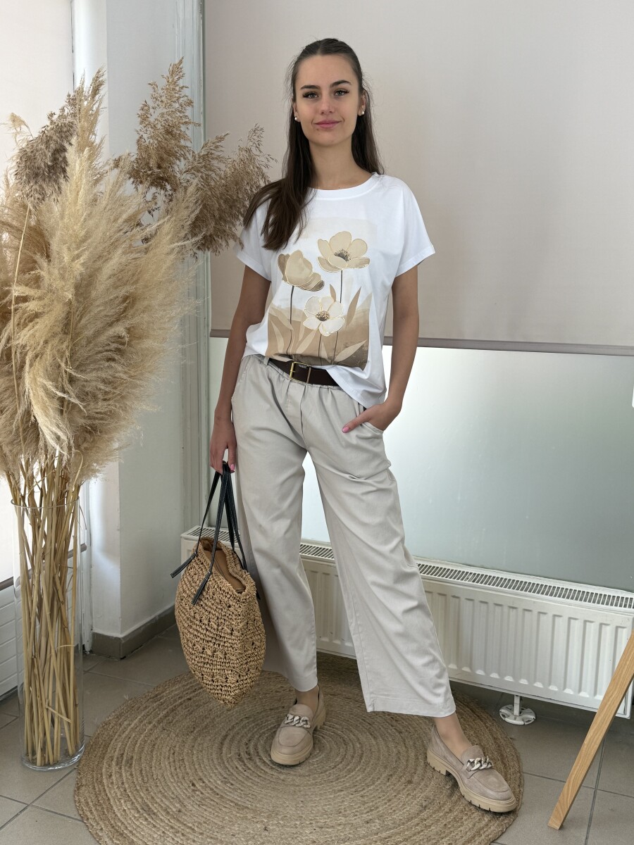 Virág mintás T ujjú póló - fehér-bézs - Kép 3
