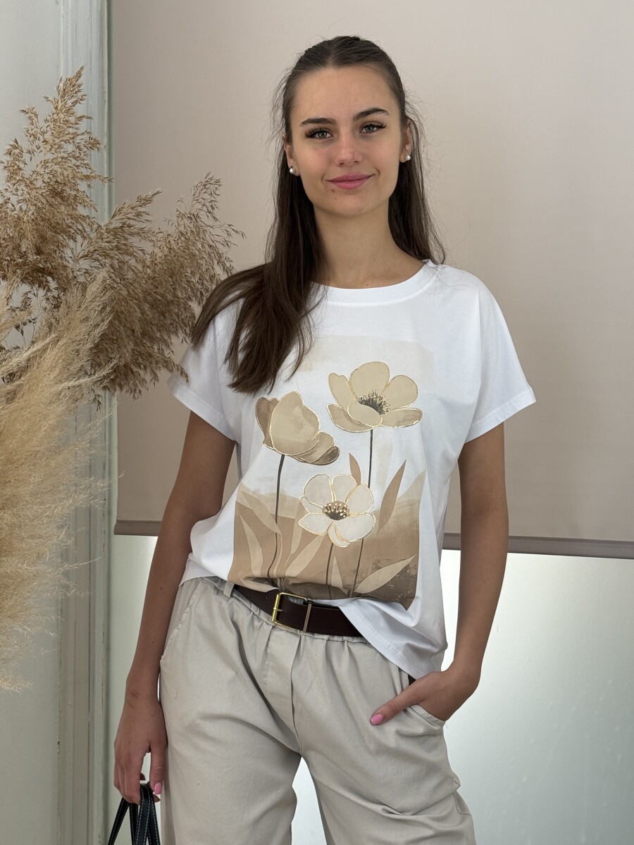 Virág mintás T ujjú póló - fehér-bézs - Kép 9