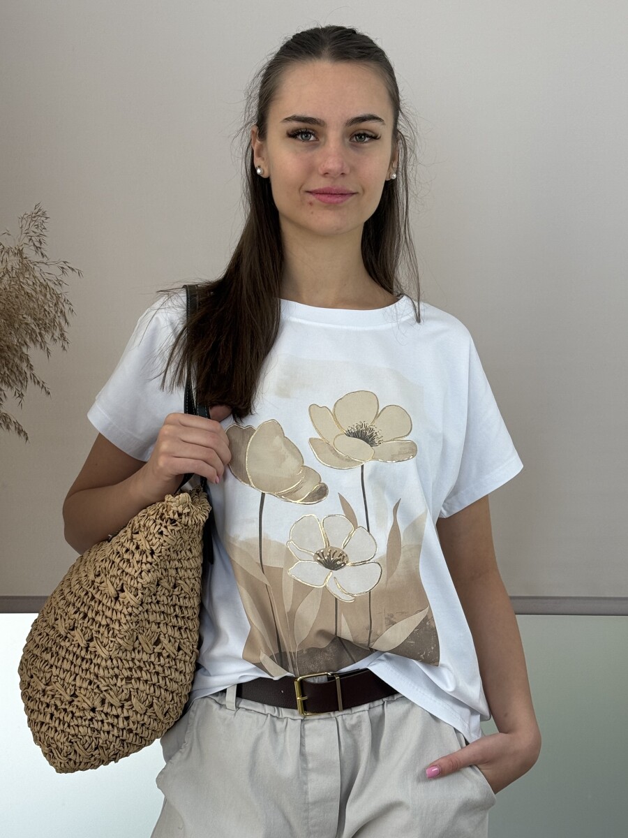 Virág mintás T ujjú póló - fehér-bézs - Kép 5