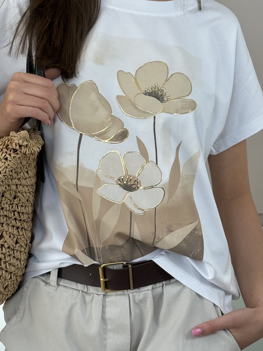 Virág mintás T ujjú póló - fehér-bézs - Kép 6