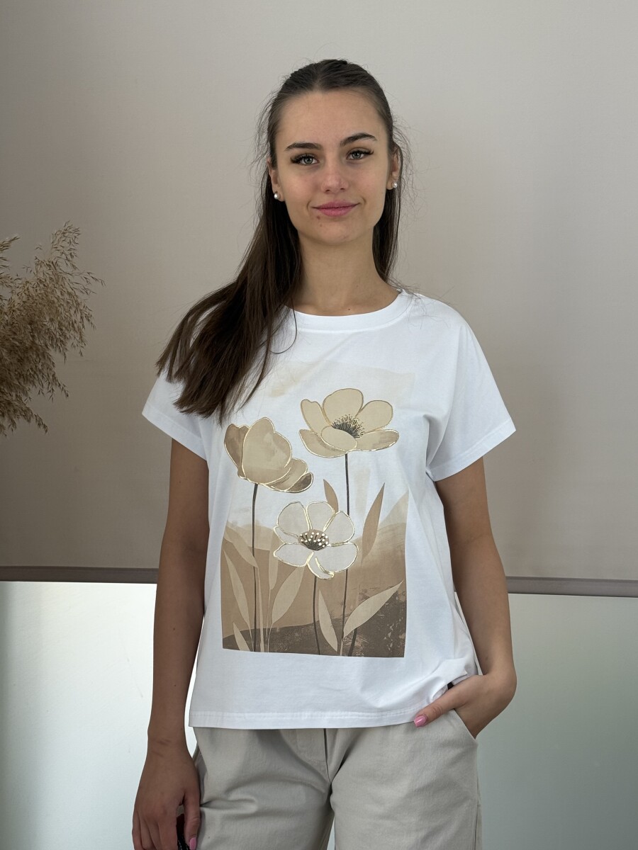Virág mintás T ujjú póló - fehér-bézs - Kép 2