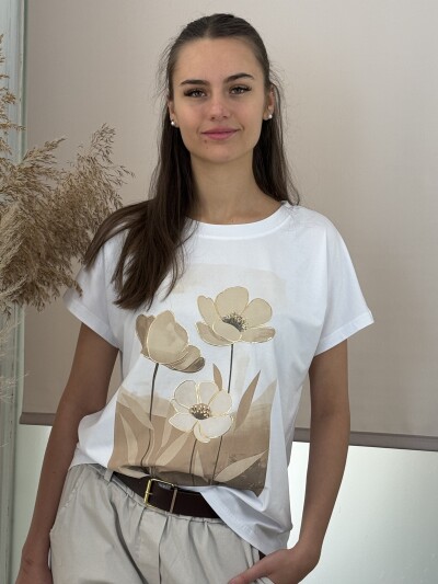 Virág mintás T ujjú póló - fehér-bézs