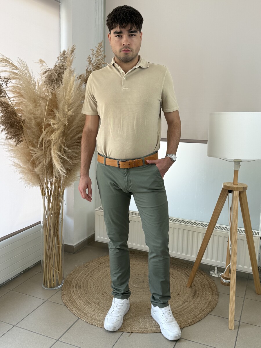 Egyszínű chino nadrág - khaki - Kép 6