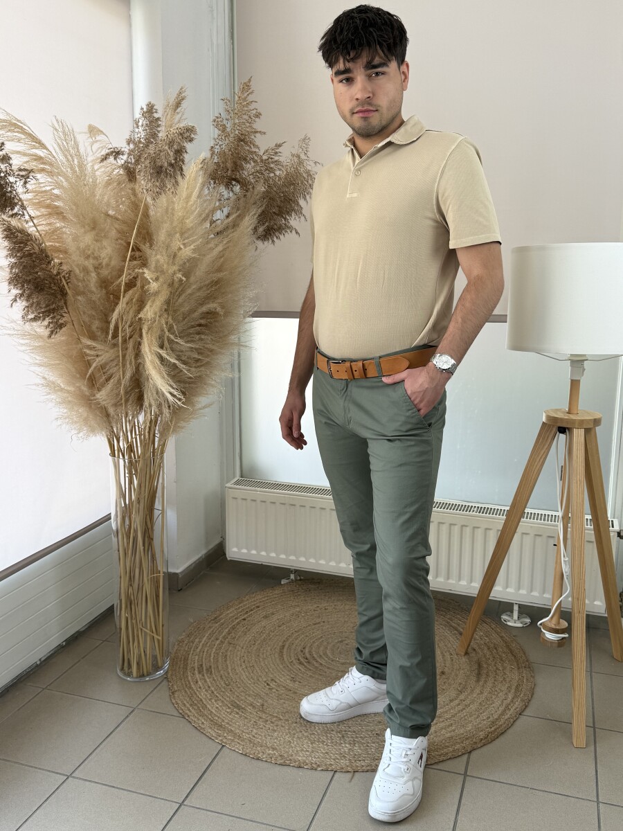Egyszínű chino nadrág - khaki - Kép 2