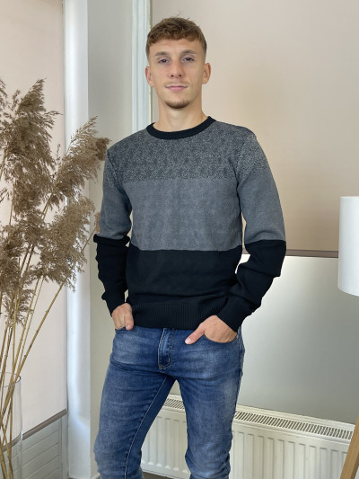 Mintás kerek nyakú kötött pulóver - fekete