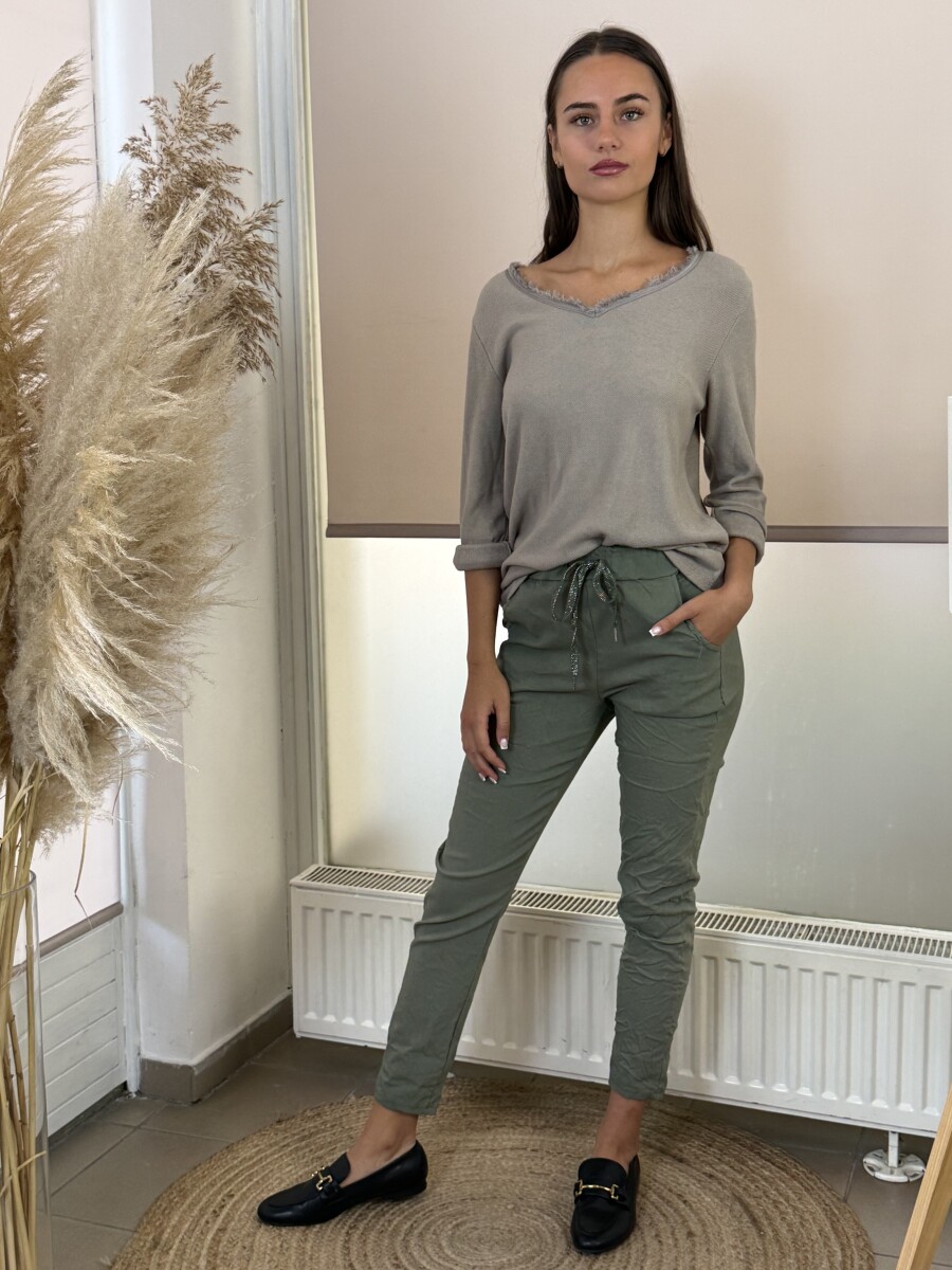 Kötős gyűrt hatású nadrág - khaki - Kép 1