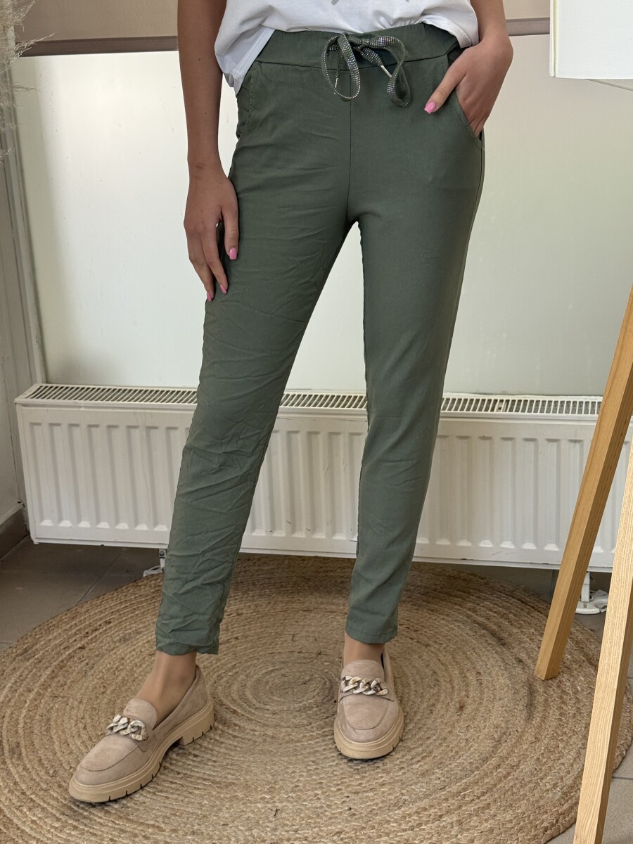 Kötős gyűrt hatású nadrág - khaki - Kép 2