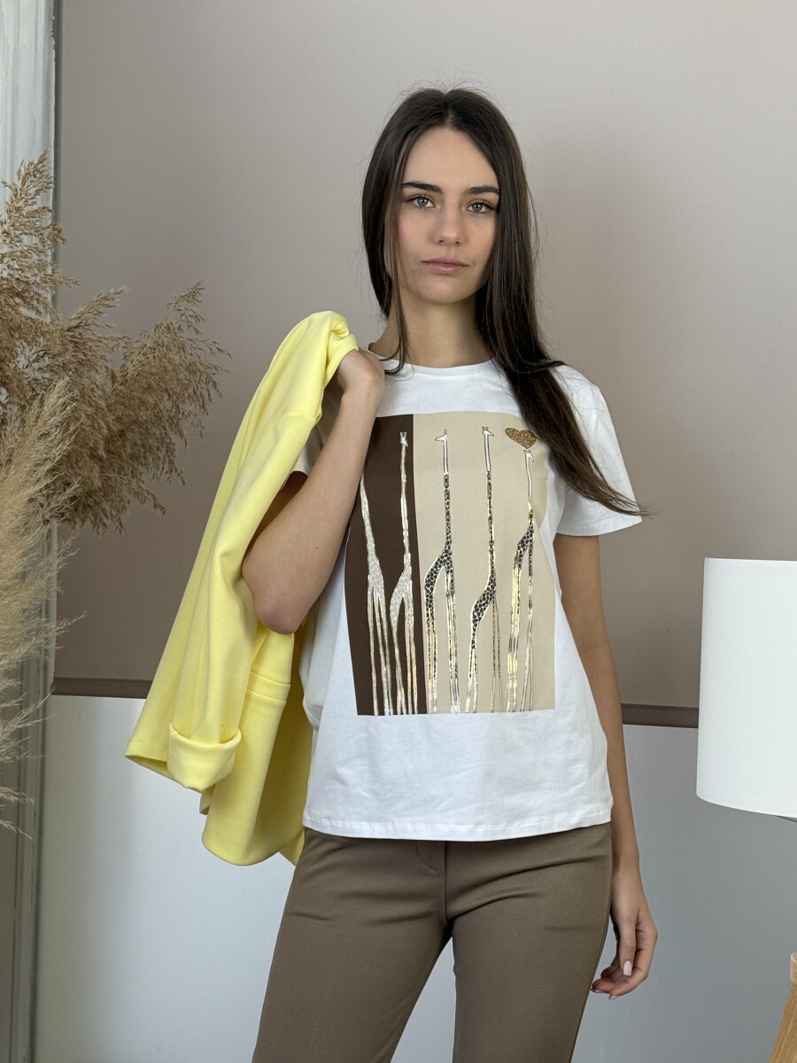 Grafika mintás póló - fehér-camel - Kép 2