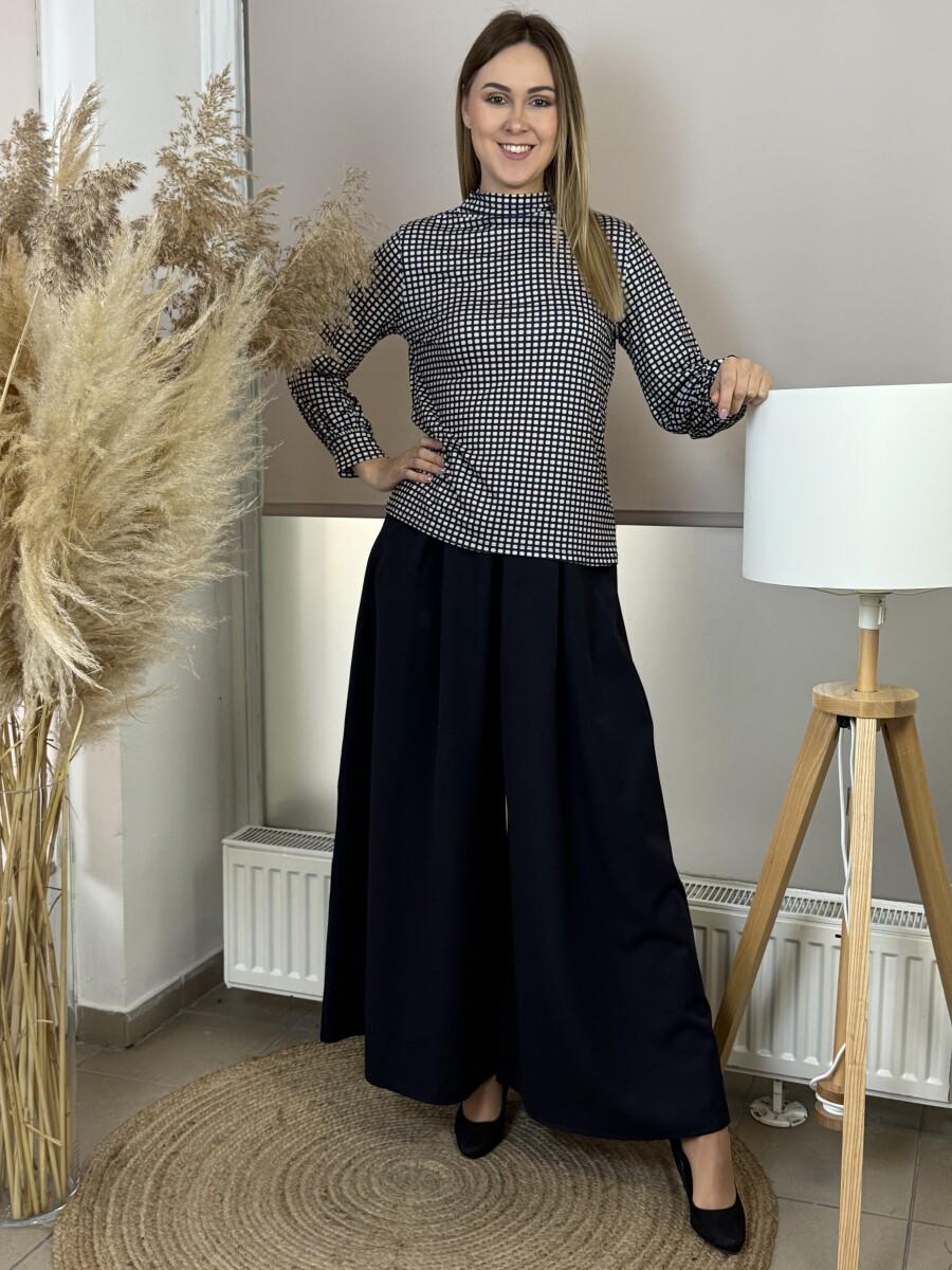 Állónyakú négyzetmintás blúz - sötétkék - Kép 10