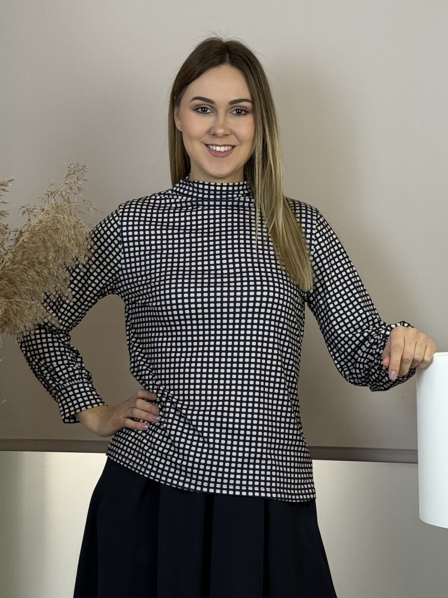 Állónyakú négyzetmintás blúz - sötétkék - Kép 17