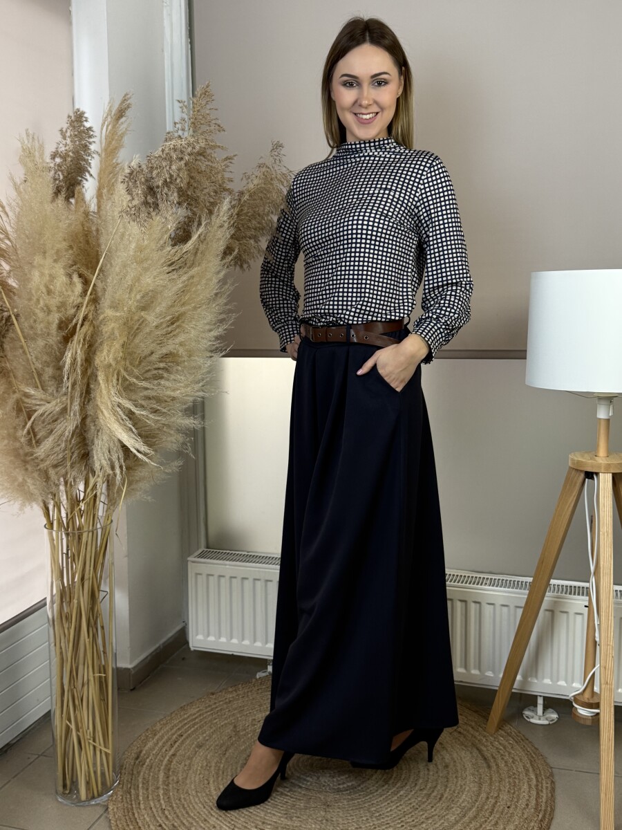 Állónyakú négyzetmintás blúz - sötétkék - Kép 3