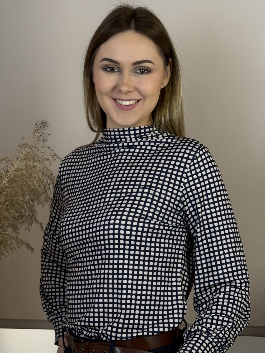 Állónyakú négyzetmintás blúz - sötétkék - Kép 9