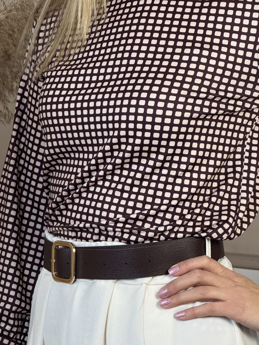 Állónyakú négyzetmintás blúz - barna - Kép 5