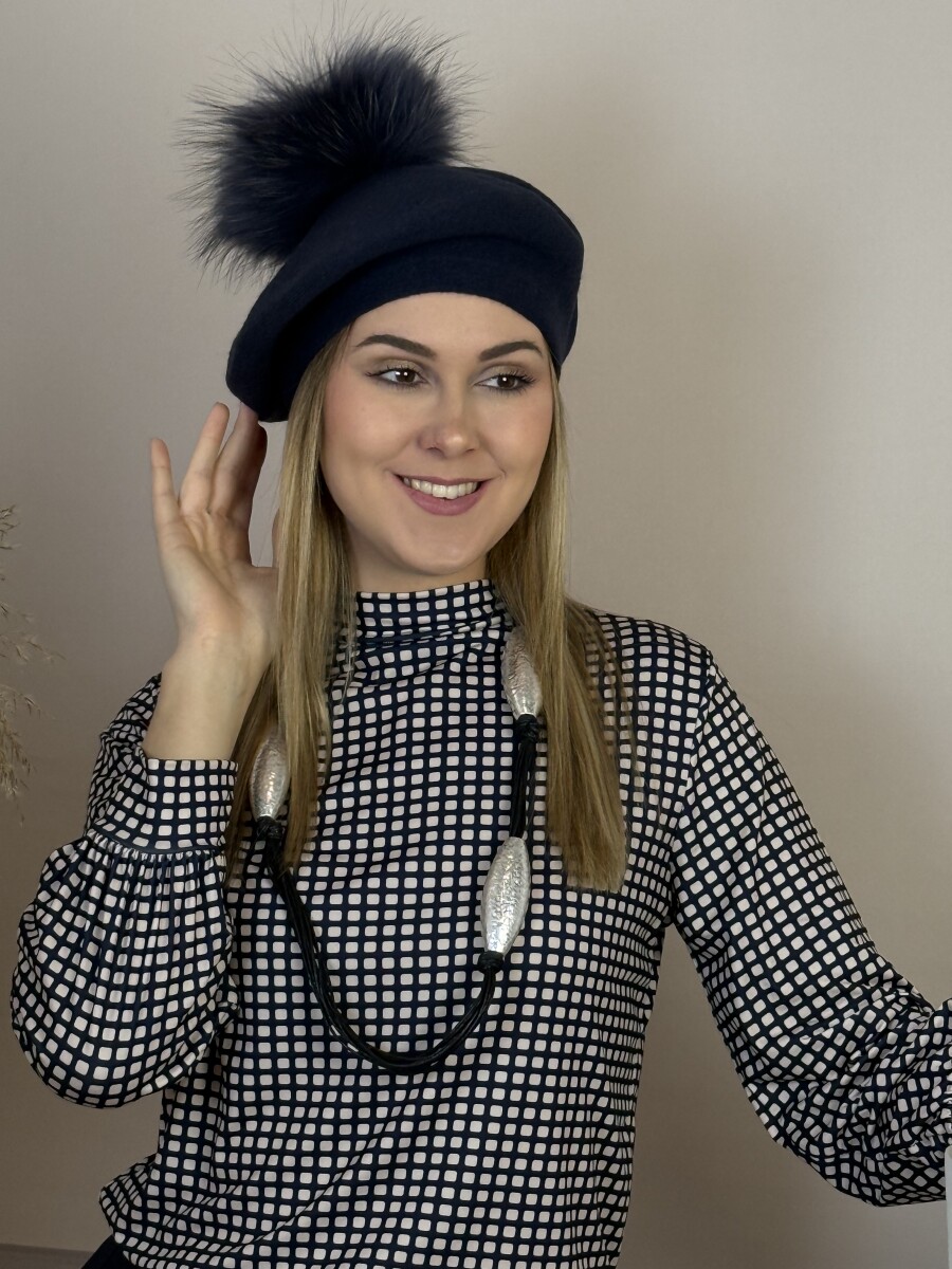 Bojtos barett sapka - sötétkék - Kép 3