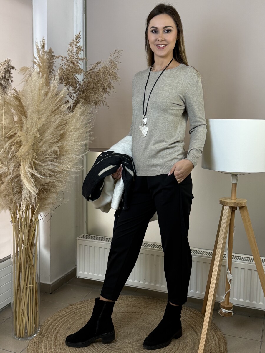 Passzés kereknyakú lezser pulóver - homok - Kép 3