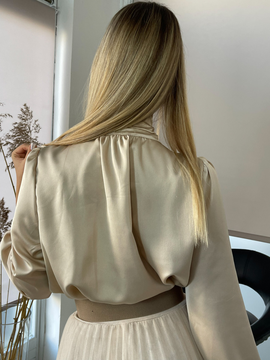 Szatén hatású masnis blúz - bézs - Kép 8