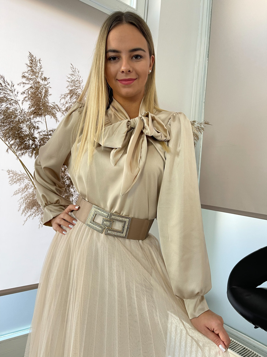Szatén hatású masnis blúz - bézs - Kép 3