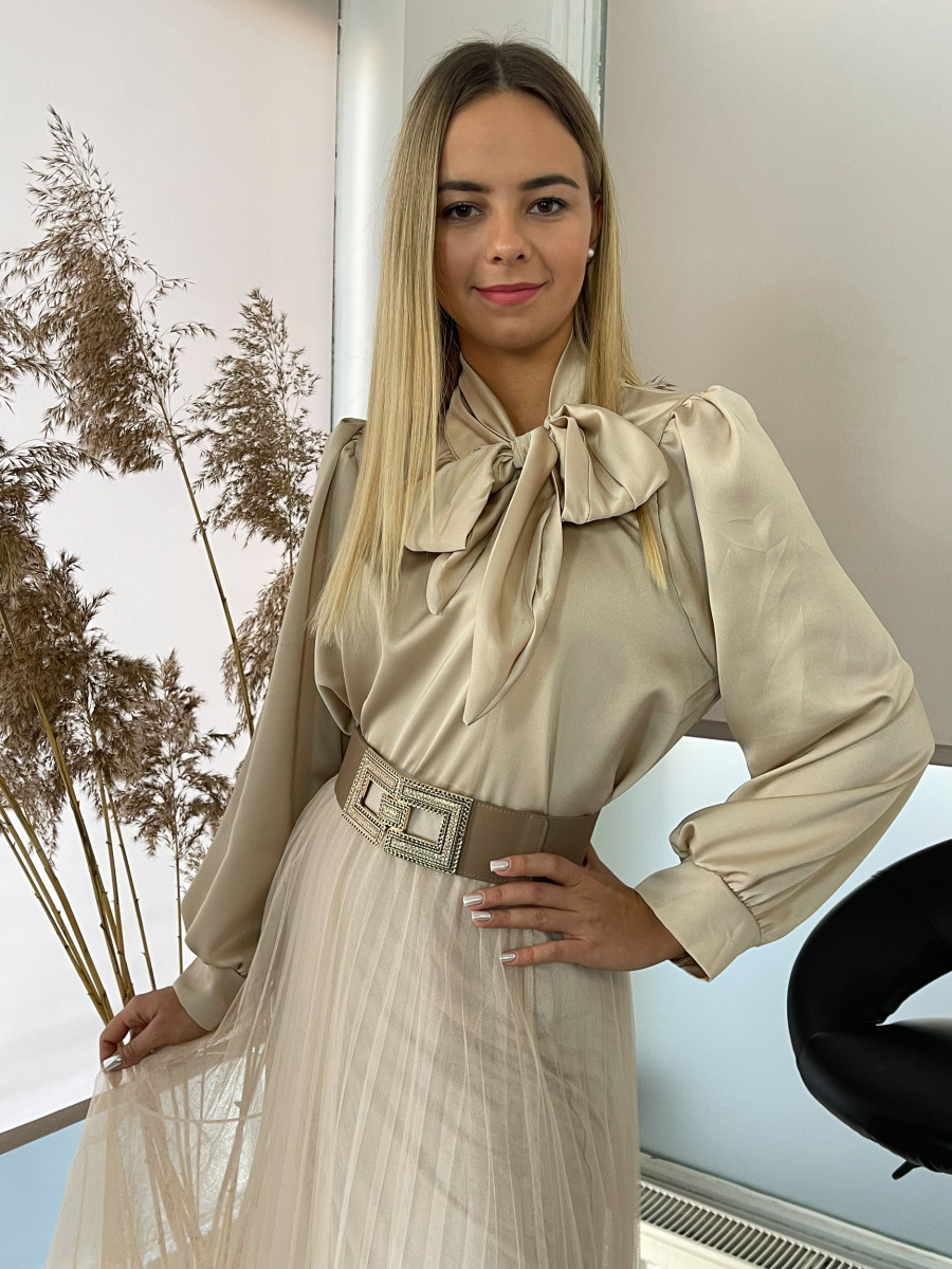 Szatén hatású masnis blúz - bézs - Kép 7