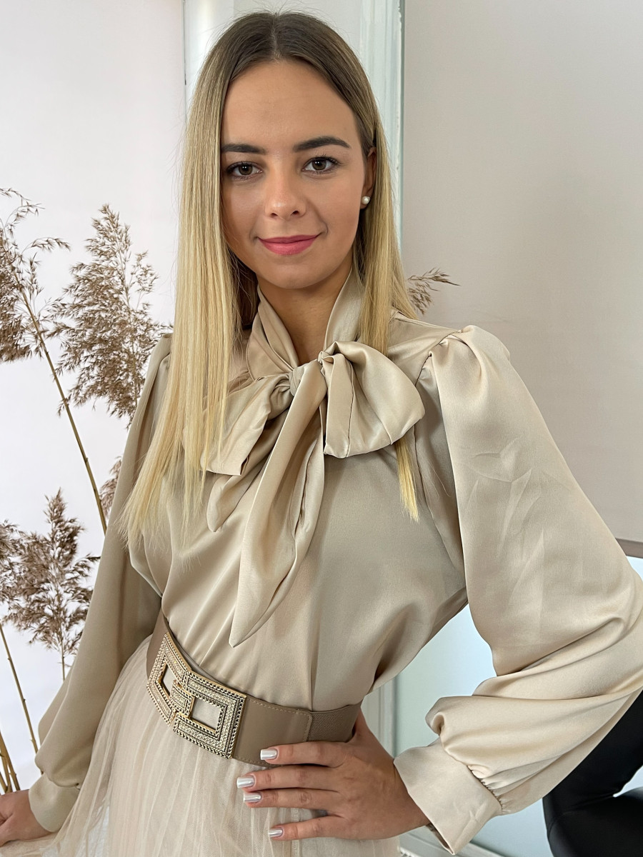 Szatén hatású masnis blúz - bézs - Kép 1